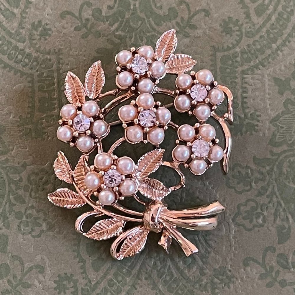 Vintage Pearl Floral Rhinestone Bouquet Costume Brooch